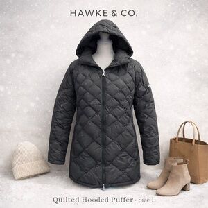 Hawke & Co Hooded Quilted Puffer Coat Charcoal Gray Size L Feather Print Lining